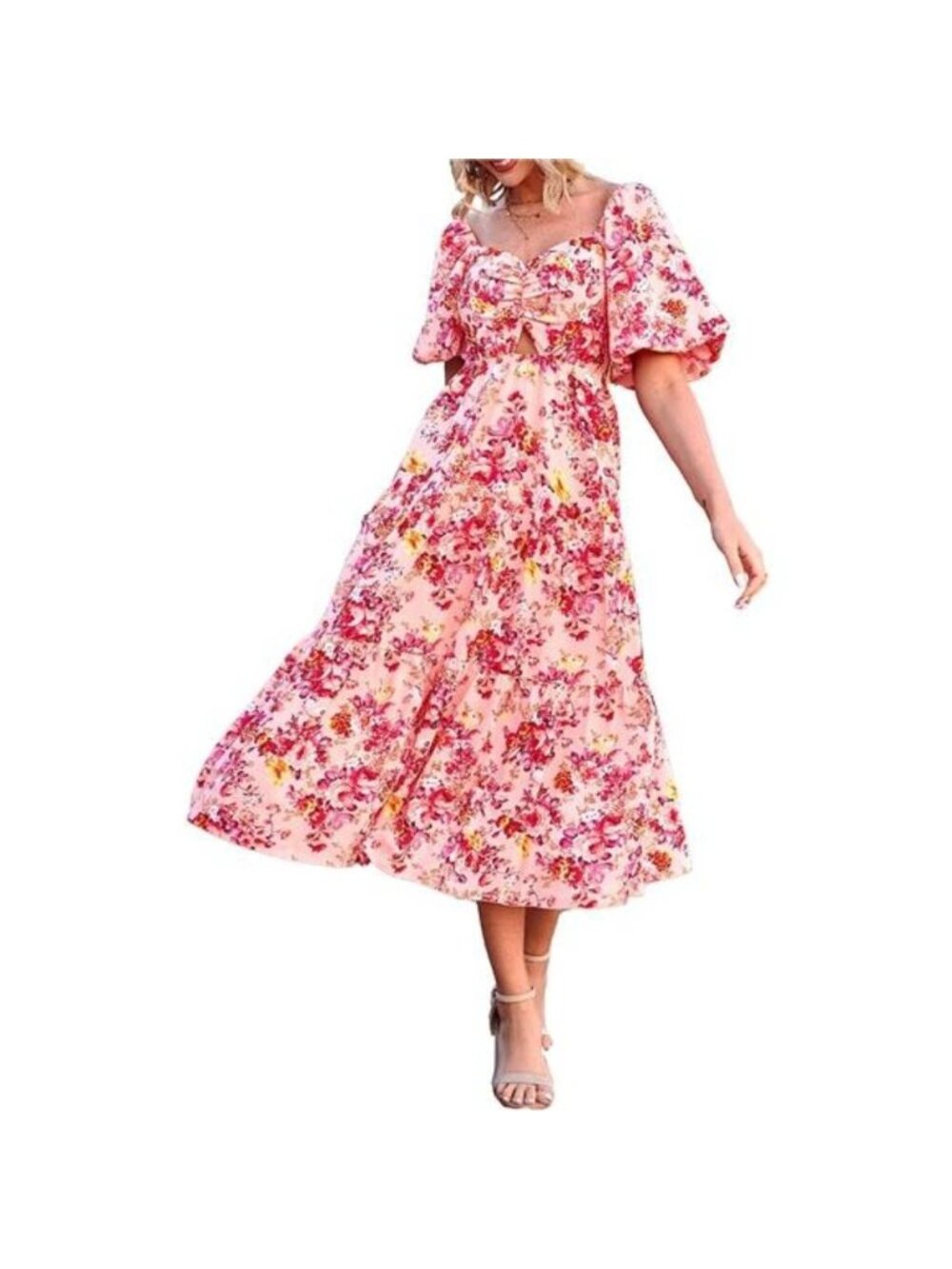 Women's Summer Dress Flowy Square Neck Puff Short Sleeve Floral Long Maxi Dress